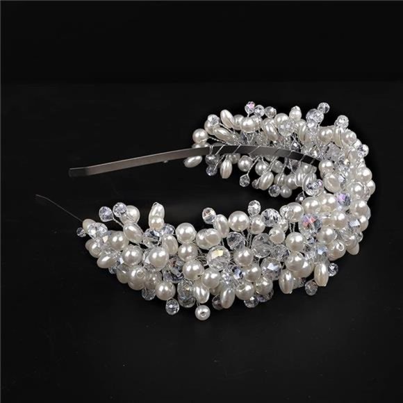 YERTTER Vintage Wedding Pearl Beads Crystal Tiara Hair Crown Handmade Bride main image 5